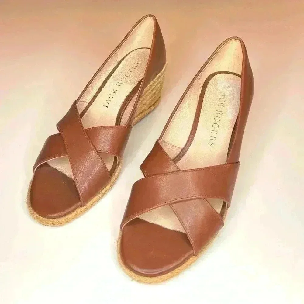 Jack Rogers Womens PALMER Crisscross Wedge Espadrille Heels Mocha Leather SZ-6